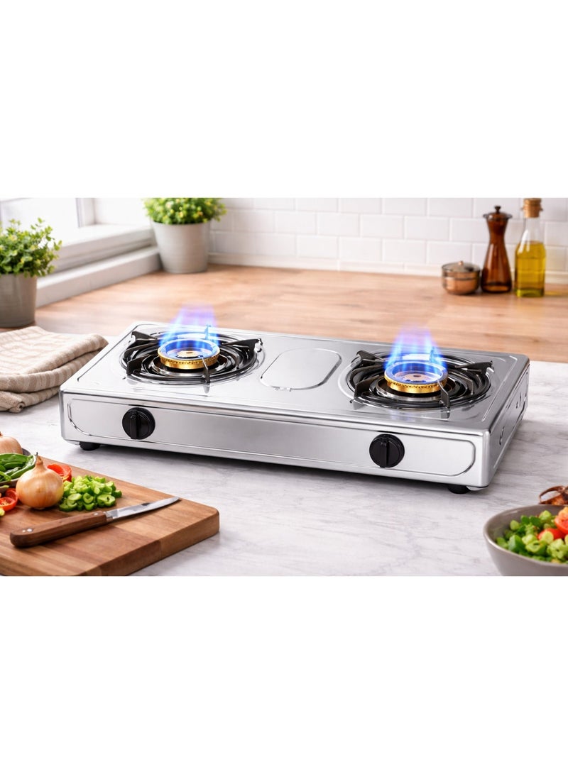 Flexy FGS2013SS - Double Burner Stainless Steel Gas Stove, Auto Ignition, Blue Flame, Heavy Cast Iron Burners, Low Gas Consumption, Japanese Piezo, Premium Quality, 2-Year Warranty - Image 3